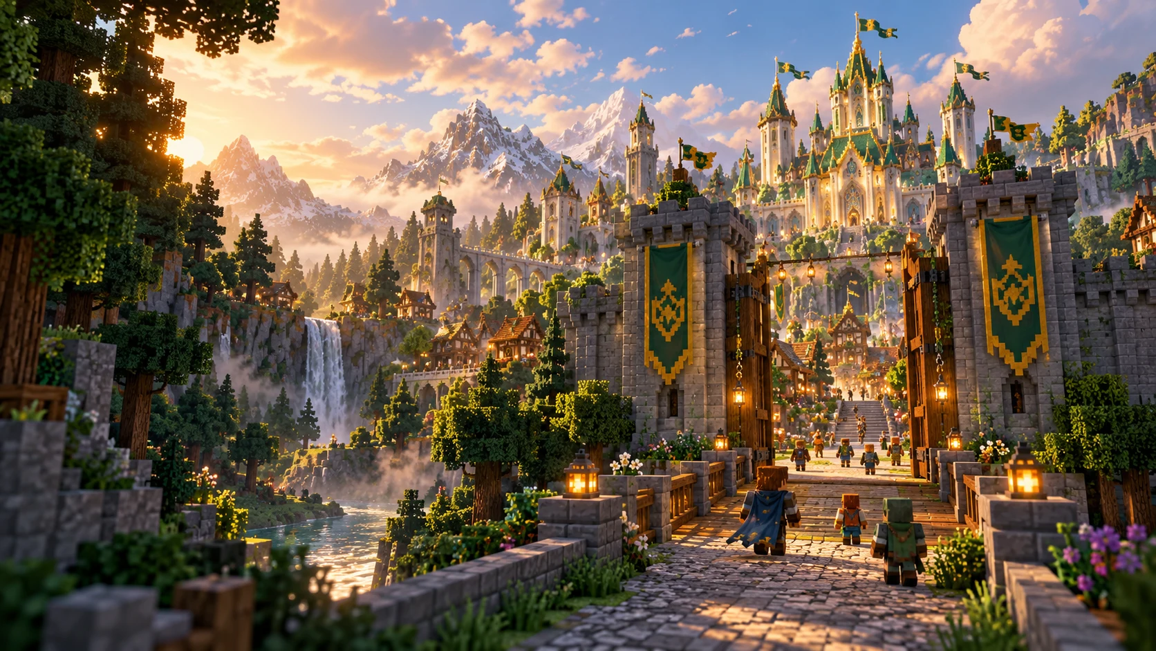 Illustration of an open gateway leading into a green-and-gold block-built kingdom